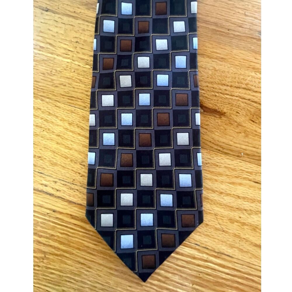 Vintage Kilburne and Finch Big & Tall Silk Necktie Geometric Black Brown 67x4